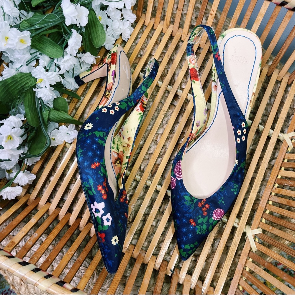 Zara Floral Blue Slingback Heels